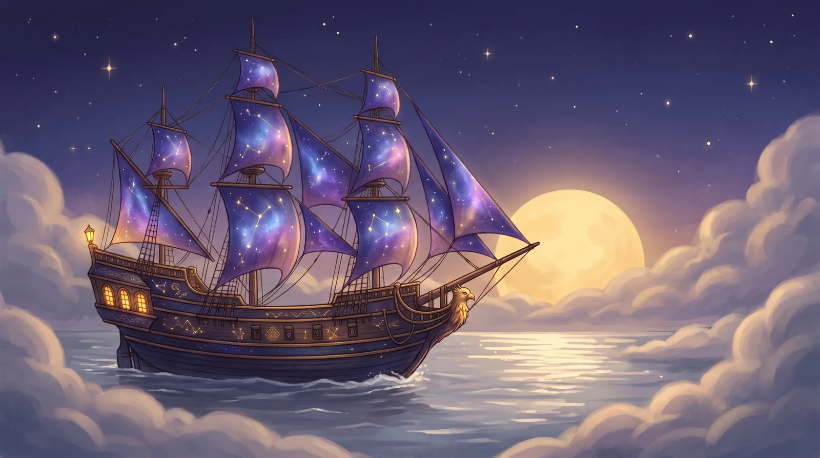 The Celestial Voyager, its violet star-chart sails full, gliding over silver water between soft clouds beneath a low golden moon