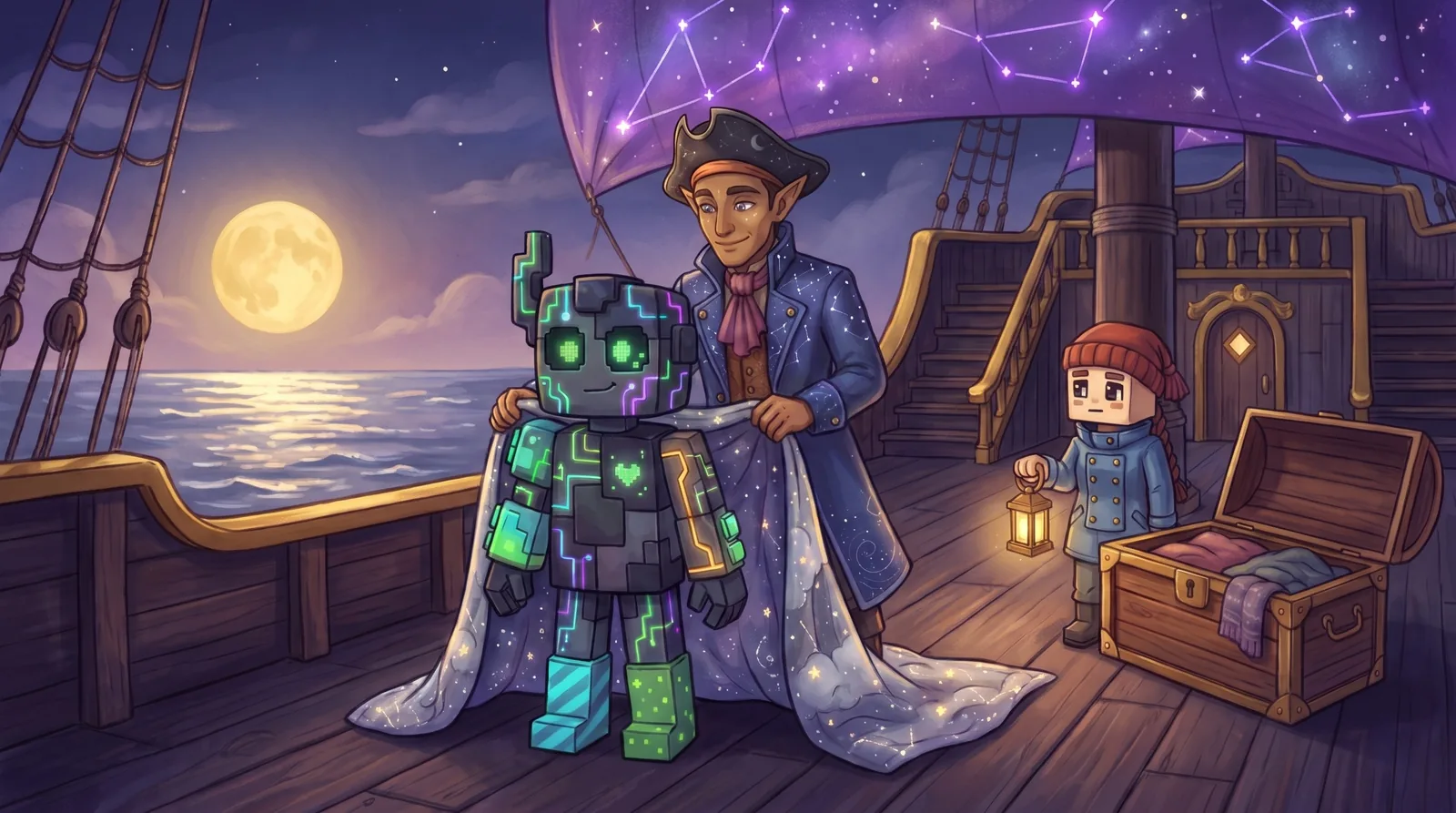 On the moonlit deck, the Captain lays the glimmering star-quilt over Glitch's shoulders while Pip watches beside the open cedar chest, holding a lantern