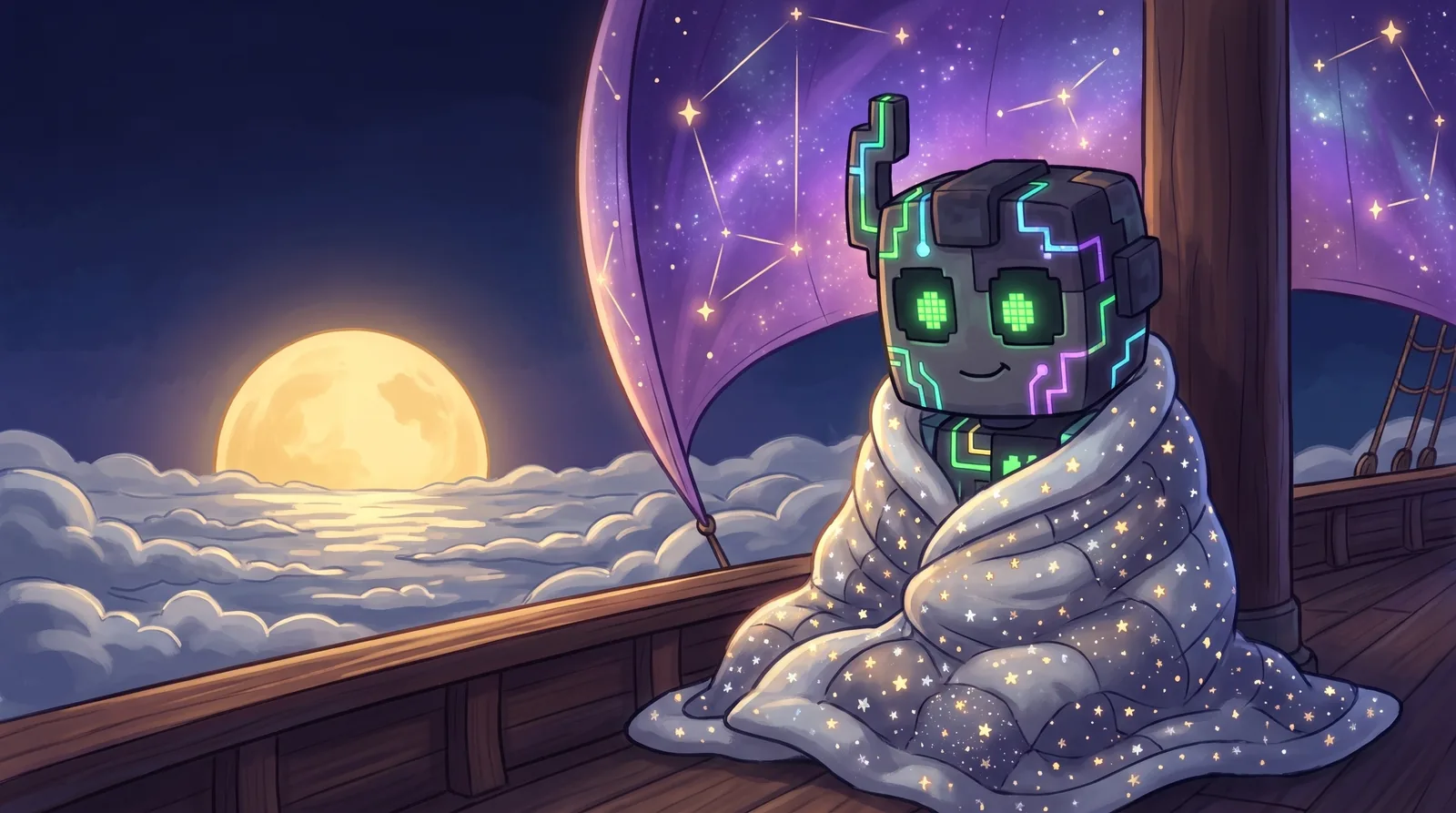 Glitch sits calm and smiling by the rail, wrapped in the star-quilt, with clouds and a full moon beyond the sails