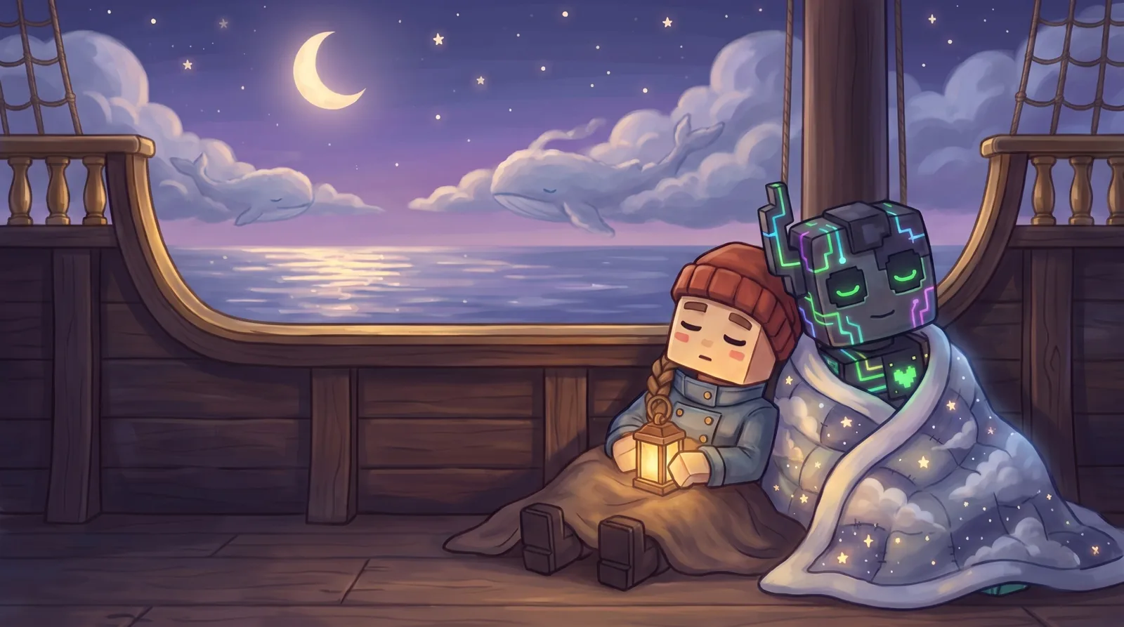 Pip and Glitch asleep against the rail, Glitch in the star-quilt and Pip under a plain wool blanket with her lantern glowing in her lap, as whale-shaped clouds drift past a crescent moon